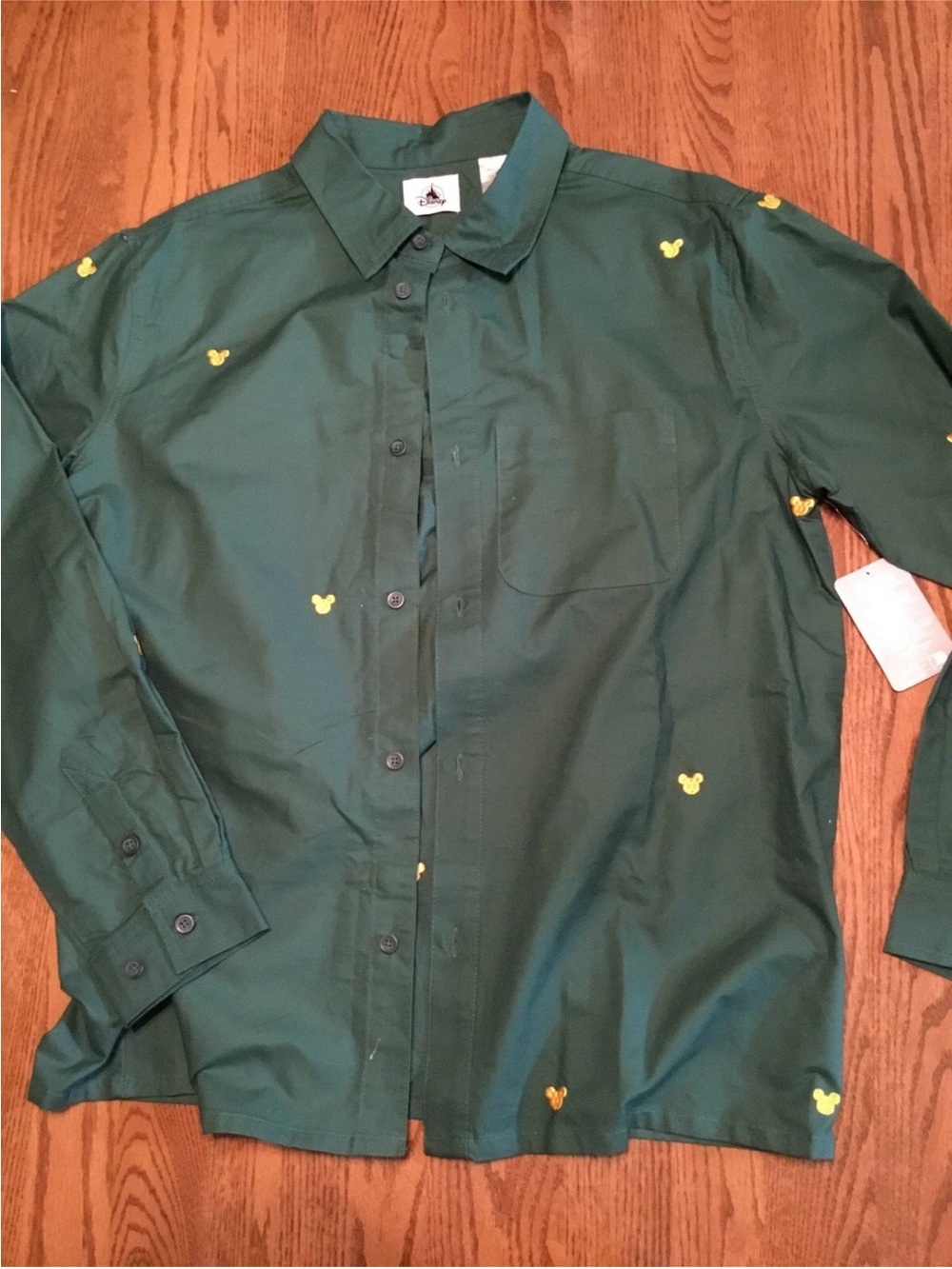 Men's Green Button-Up Shirt with Yellow Embroidery Mickey Disney Parks L